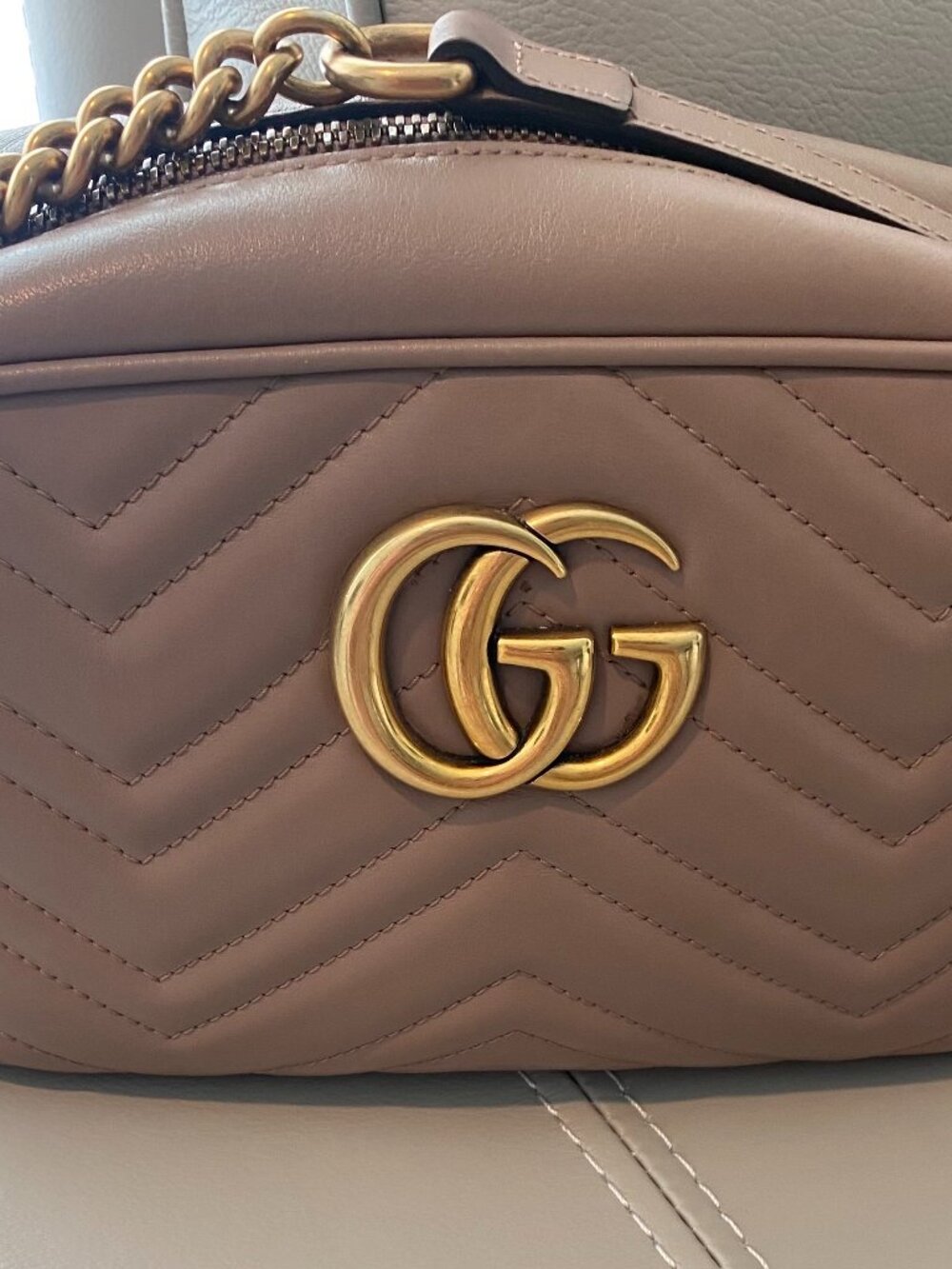 Gucci Double GG Marmont Handbag, size small, tan